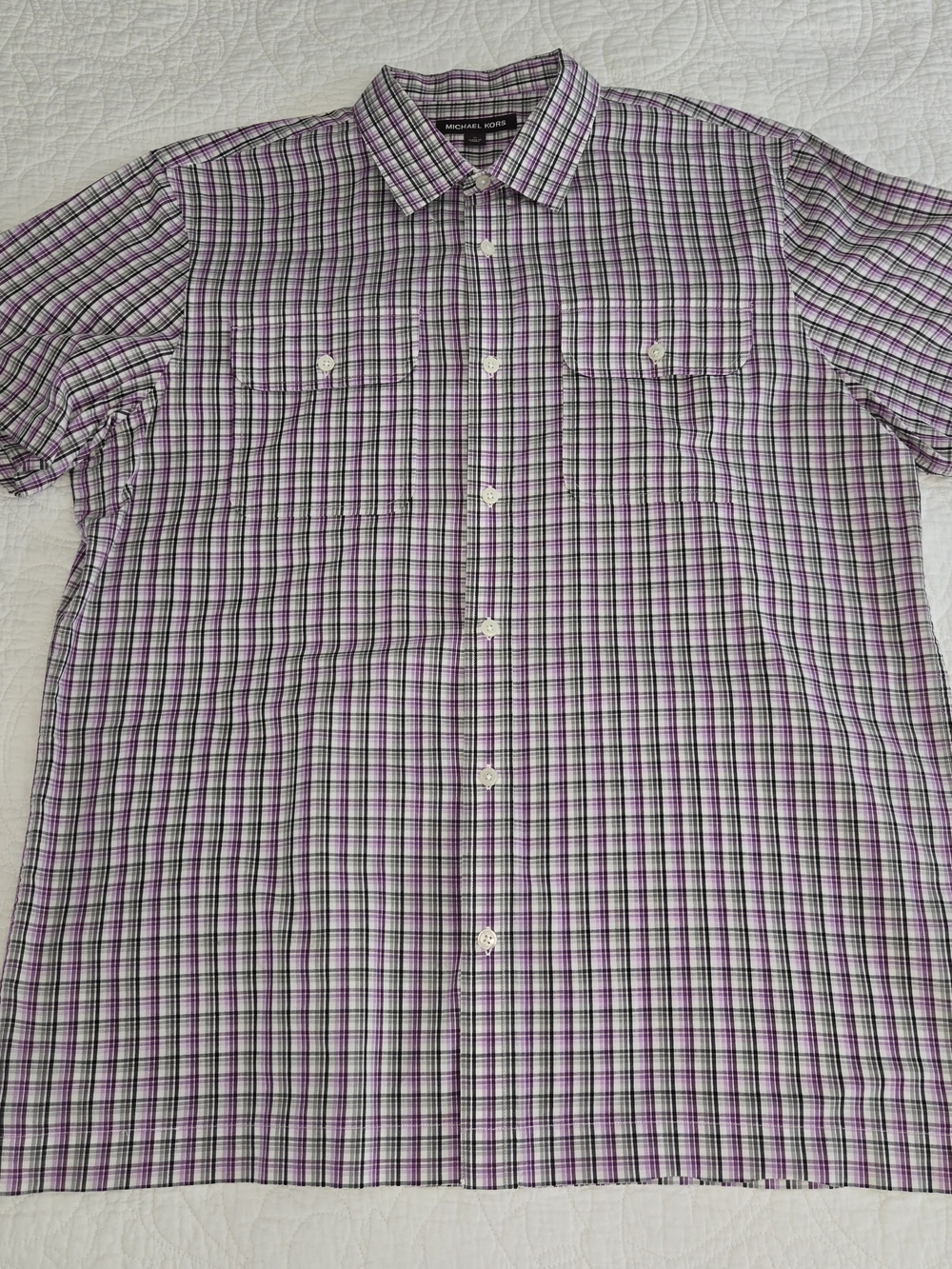 MICHAEL KORS XL Short Sleeve Button Shirt Purple Plaid Classic Front Pockets